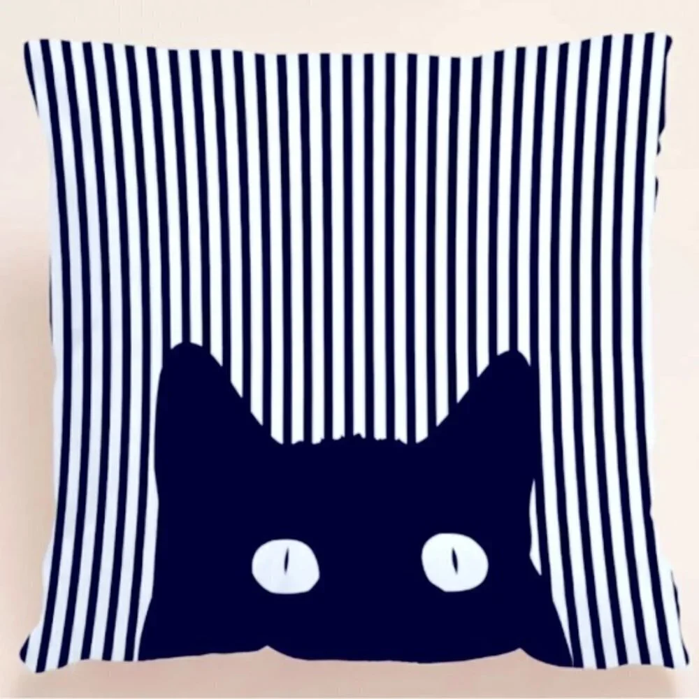 Cat Theme Pillow Cover Zippered Decorative Square Black White 17.7 in X 17.7 in